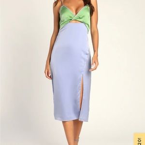 Lulus Perfect Pairing Light Blue Colorblock Satin Cutout Midi Dress